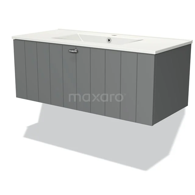 Grauer wandhängender Badschrank mit weißem Waschbecken, vertikalen Linien und modernem Finish.