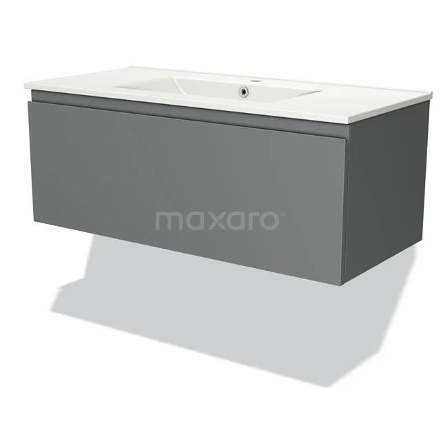 Graues schwebendes Waschtischmöbel mit keramischem weißen Waschbecken, minimalistisches Design ideal für moderne Badezimmergestaltung.