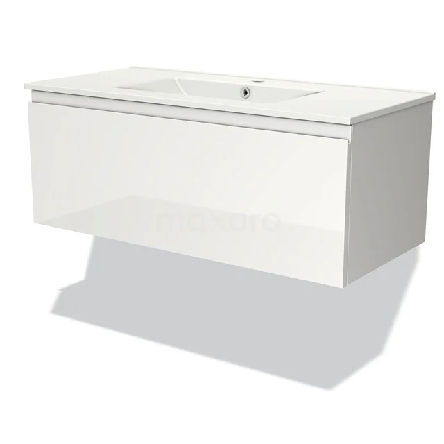 Weißes schwebendes Badmöbel mit glänzender Oberfläche und integriertem Waschbecken, ideal für einen modernen Badezimmerstil.