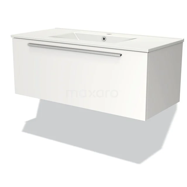 White bathroom cabinet with drawer, modern design and integrated basin; ideal for stylish and functional bathrooms.
