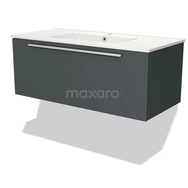 Modern grey bathroom cabinet with white basin, hanging design and slim metal Handle, ideal for stylish bathrooms.