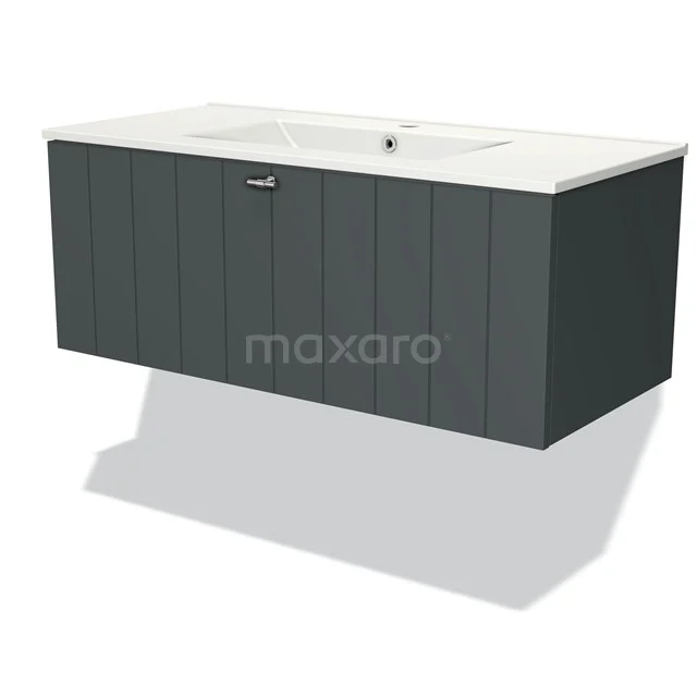 Dark grey hanging bathroom unit with wood look, ceramic vanity units with basin and minimalist design for modern bathrooms.