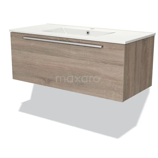 Badmöbel 100cm Modulo Eiche 1 Schublade Flaches Waschbecken Keramik BMW11-02963 Holz-Badmöbel mit einem klaren Design, weißem Waschbecken und chromfarbener Haltegriff; ideal für moderne Bäder.