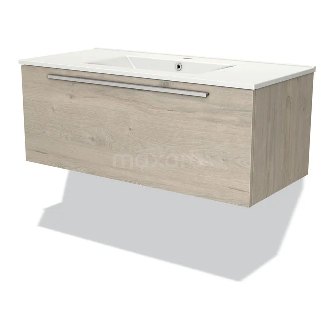 Wooden vanity unit, floating design with white top and built-in basin, ideal for modern bathrooms.