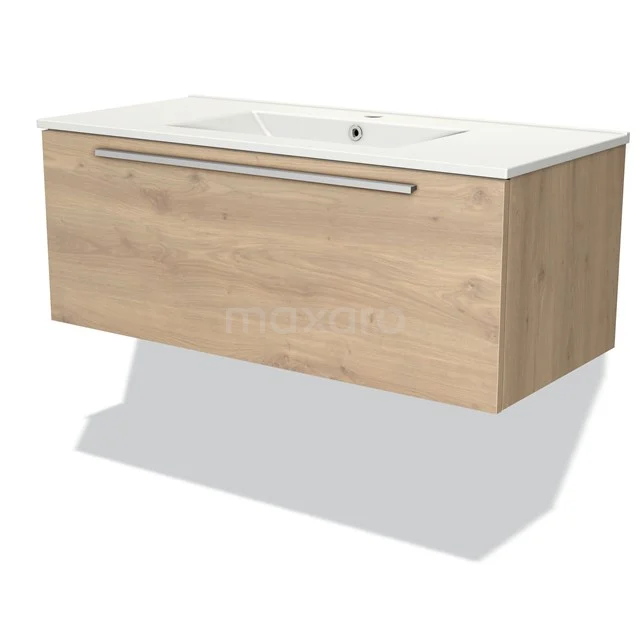 Holz-Badschrank mit Waschbecken, schwebendes Design, helle Holzfarbe, schlankes modernes Design und integrierter Haltegriff.