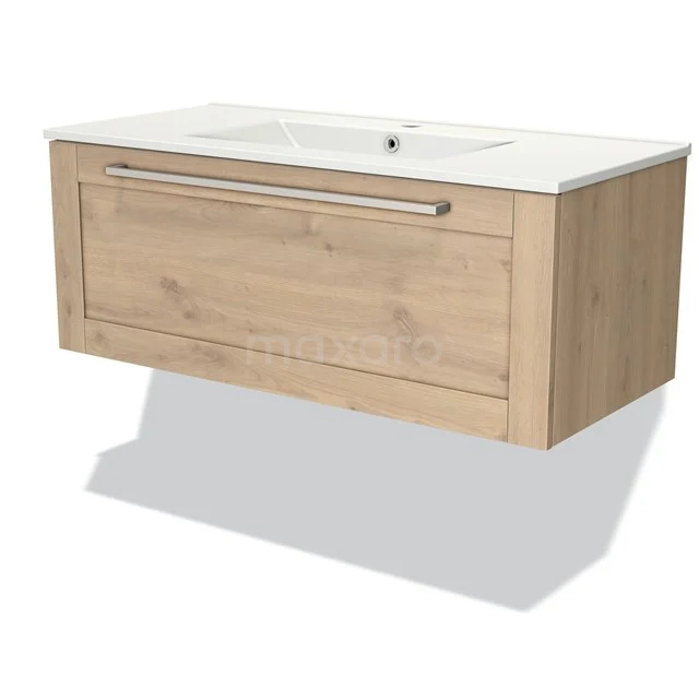 Wooden floating bathroom unit with white vanity units with basin, modern design and sand-coloured finish.