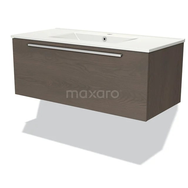 Modulo Vanity units with basin | 100 cm Dark brown oak Flat front Ceramic 1 drawer BMW11-02971