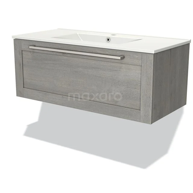 Grey vanity units with basin, wood-look design, wall-mounted, metal handle and integrated white basin.