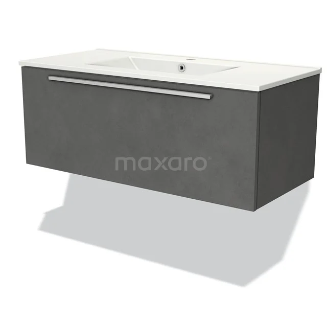 Grey floating bathroom cabinet with ceramic basin, modern design and integrated Handle.