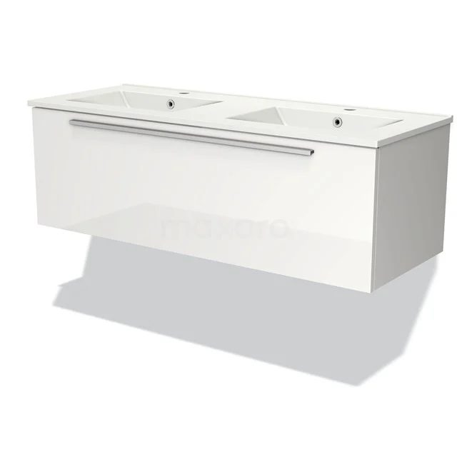 White double vanity unit with drawer unit, modern design, suitable for the bathroom, fitted with metal handle.