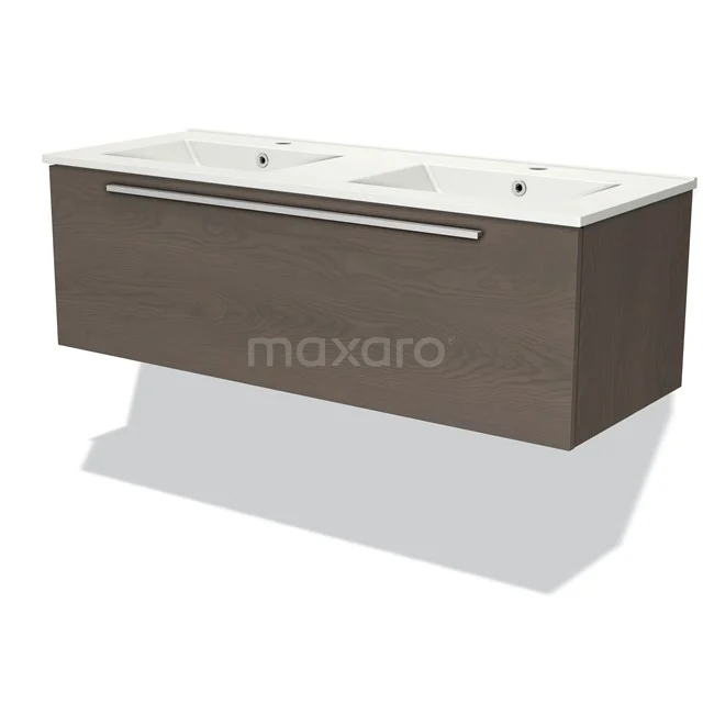 Modern, hanging bathroom unit in wood look with double basin, sleek design and handy storage drawer.