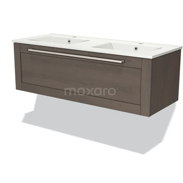 Modulo Waschtische | 120 cm Dunkelbraune Eiche Rahmen front Keramik 1 Schublade BMW11-03004 Holz Badezimmermöbel mit Doppelwaschbecken, modernes Design und anthrazitfarben, ideal für stilvolle Bäder.