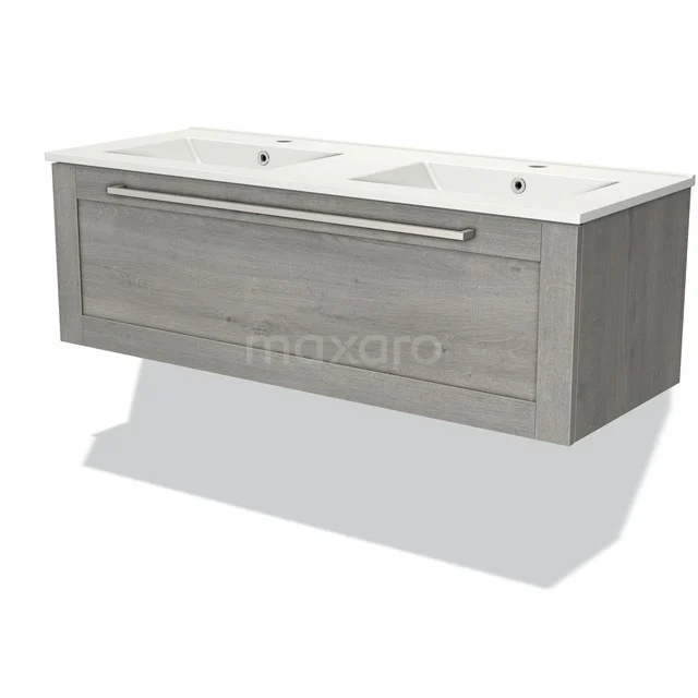 Grey wooden vanity units with basin, modern design and integrated handle, perfect for bathroom storage.
