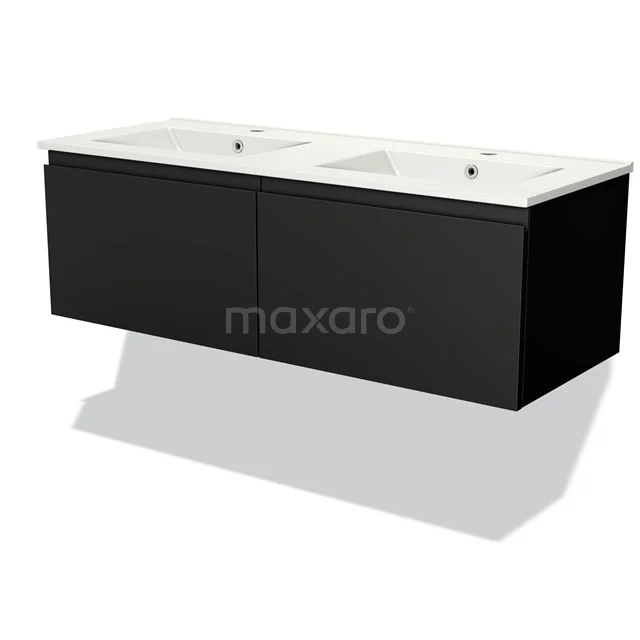Zwarte zwevende badkamermeubel met dubbele witte wastafel, strak minimalistisch design voor een moderne badkamer.