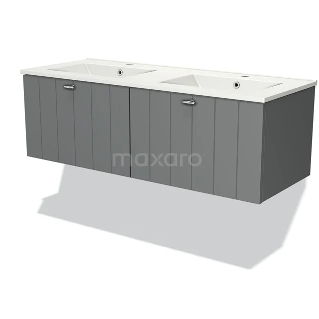 Grijze hangende badkamermeubel met dubbele wastafel, horizontale panelen en moderne uitstraling, ideaal voor badkameropslag.
