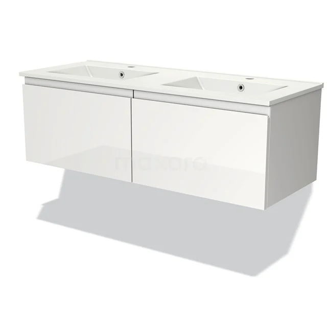 Wit badkamermeubel met dubbele wastafel, strak design, hangend model.