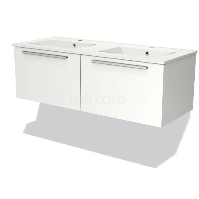 Wit badkamermeubel met dubbele wastafel, zwevend ontwerp en metalen handgrepen, ideaal voor moderne badkamer inrichting.