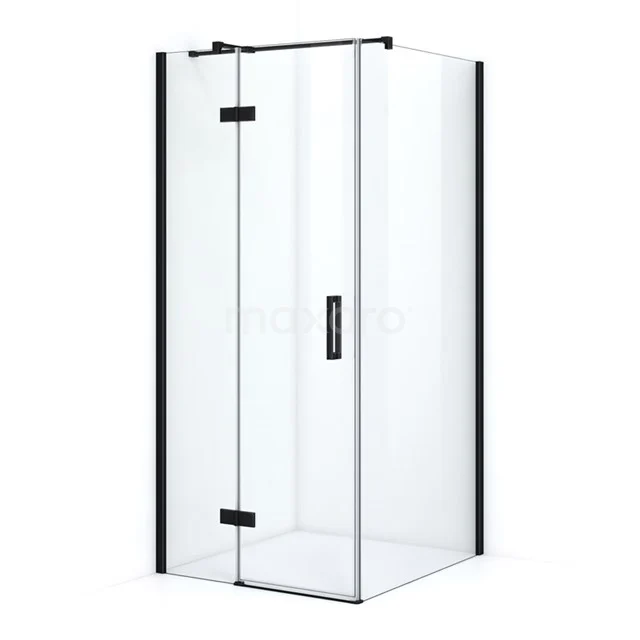 Glass shower enclosure with black aluminium profiles, straight shape and pivot door, ideal for modern bathroom design.