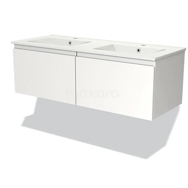 White vanity unit with double ceramic sink, minimalist design, ideal for stylish bathroom design.