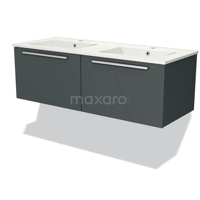 Zwevende grijze badmeubelset met dubbele wastafel, strak design en handige opberglades voor een moderne badkamerstijl.