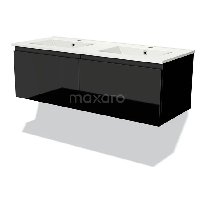 Zwarte dubbele wastafelmeubel met hoogglans afwerking en keramische wastafel, perfect voor een moderne badkamerstijl.