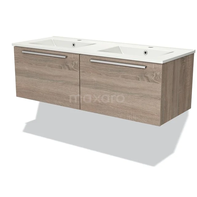 Houten badkamermeubel met dubbele wastafel, strak design en softclose lades, ideaal voor moderne badkamerinrichting.
