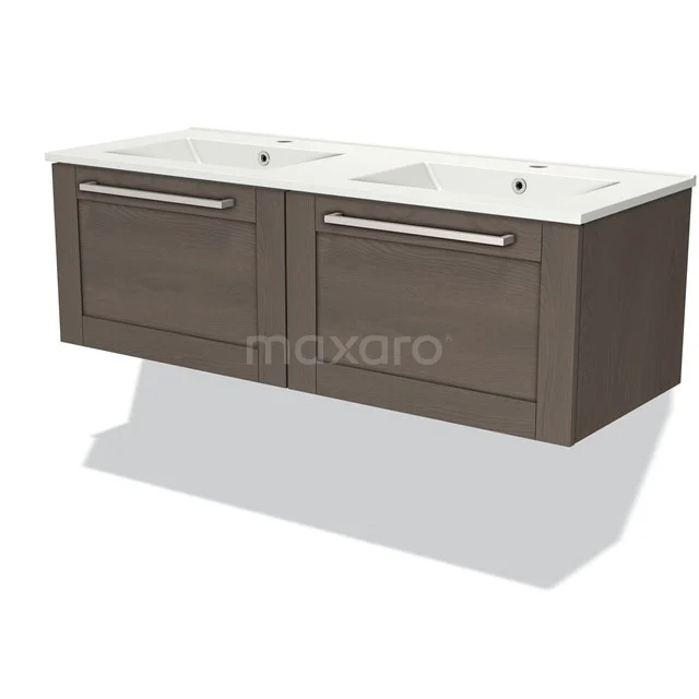 Modulo Vanity units with basin | 120 cm Dark brown oak Frame front Ceramic 2 Side-by-side drawers BMW12-00700 Double basin in dark wood cabinet with modern handles, perfect for stylish bathroom design.
