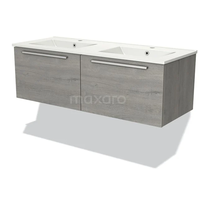 Houten badkamermeubel met twee witte wasbakken, grijs eiken look, modern design en ruime opberglades.