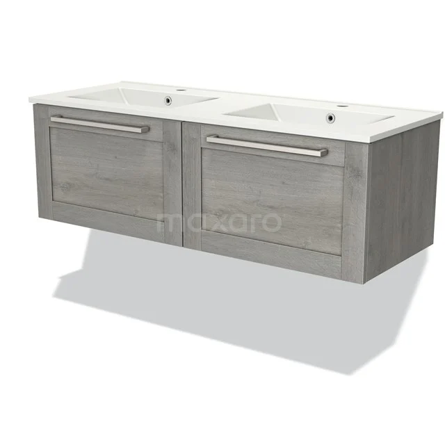 Houten badkamermeubel met twee wastafels, grijze eiken afwerking en moderne metalen handgrepen.