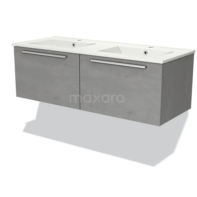 Grijze badkamermeubelset met dubbele wastafel, moderne wandmontage en strakke metalen handgrepen, perfect voor elke badkamerstijl.