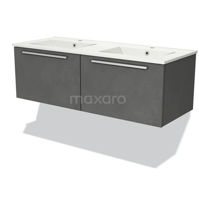 Dubbele badmeubelset met grijze, matte afwerking en keramische wastafel, ideaal voor moderne badkamerinrichting.
