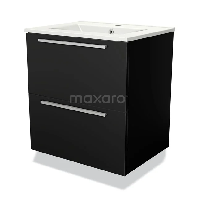 Zwarte badkamerkast met twee lades, wit keramische wastafel, modern design. Ideaal voor stijlvolle badkameropbergruimte.