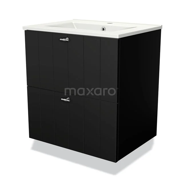 Zwarte badkamerkast met twee lades, witte keramische wastafel; compact modern design, ideaal voor kleinere badkamers.