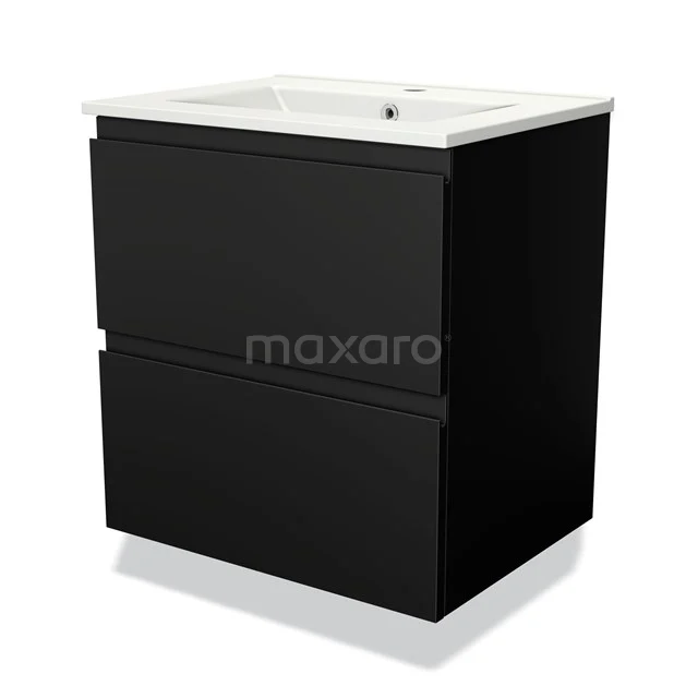 Zwarte badkamerkast met witte wasbak, modern design, twee lades, ideaal voor badkameropslag.