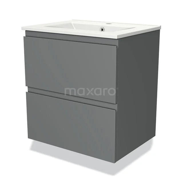 Grijze badkamermeubelset met twee lades, modern design en keramische wastafel, ideaal voor een stijlvolle badkamer inrichting.