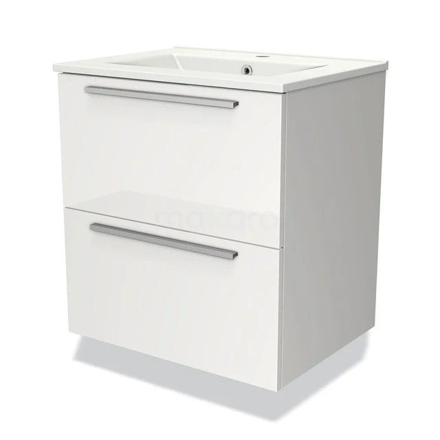 Wit badkamermeubel met twee lades, minimalistisch ontwerp, metalen grepen en geïntegreerde wastafel voor moderne badkamers.