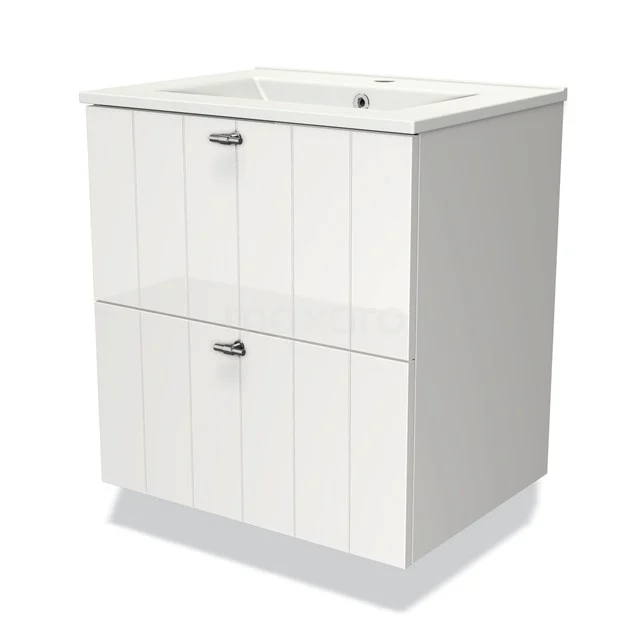 Wit badkamermeubel met twee lades, verticale lijnen en keramische wastafel, ideaal voor moderne badkamerinrichting.