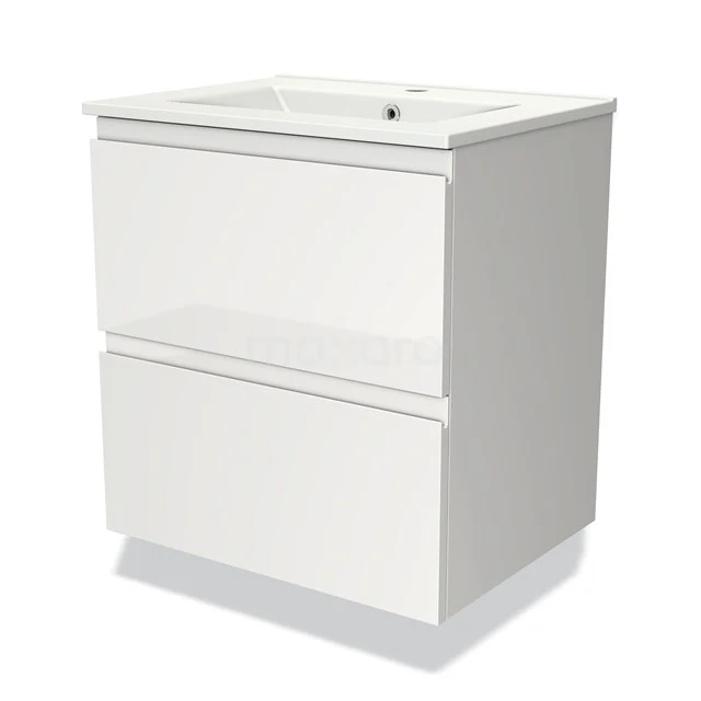 Weißes Badezimmermöbel mit zwei Schubladen, glänzender Oberfläche, kompaktes Design, ideal für moderne Bäder.