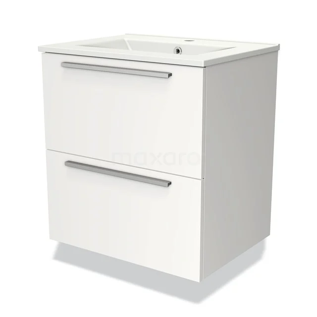 White bathroom unit with two soft-close drawers, ceramic vanity units with basin and modern handles, perfect storage in sleek design.