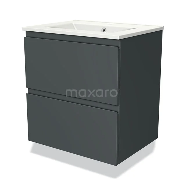 Donkere badmeubelkast met twee lades, keramische wastafel en modern design, ideaal voor een stijlvolle badkamer.