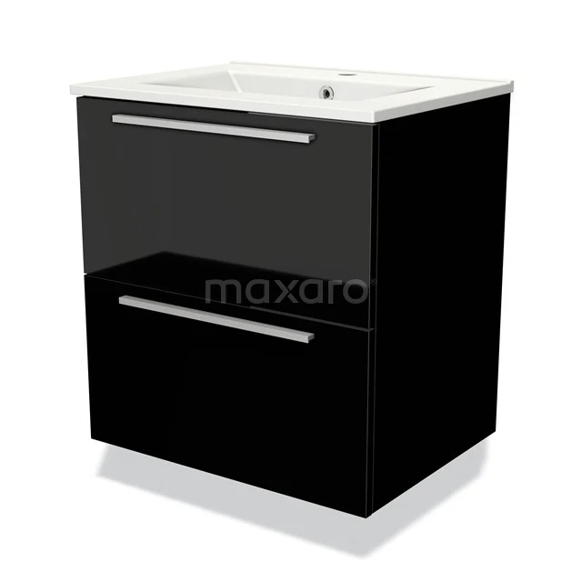 Zwart badkamermeubel met een glanzende afwerking, twee lades en keramische wastafel, ideaal voor moderne badkamers.