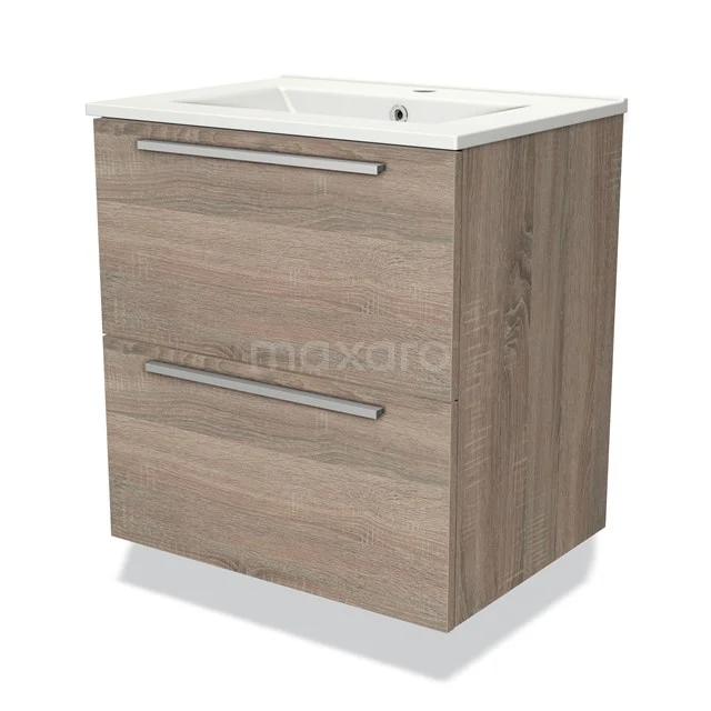 Wooden bathroom unit with two drawers, modern design, oak look, including white vanity units with basin for stylish bathroom storage.