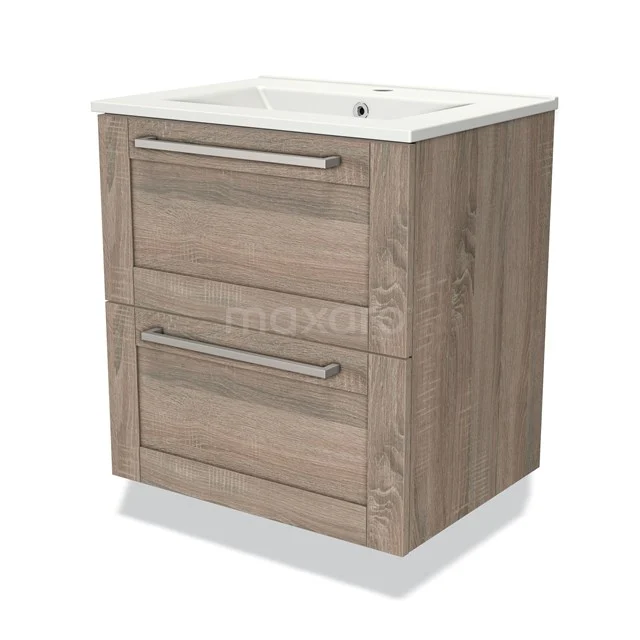 Moderne houten badmeubelset met licht eikenlook, twee lades en een geïntegreerde wastafel voor stijlvolle badkamerinrichting.
