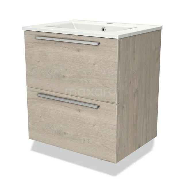 Badkamermeubel houtlook met twee laden en keramische wastafel, modern design voor stijlvolle badkameropslag.