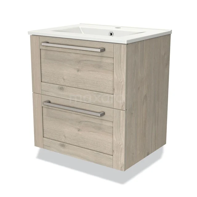 Houten badkamermeubel met twee lades, licht eiken finish en geïntegreerde wastafel, ideaal voor moderne badkamers.