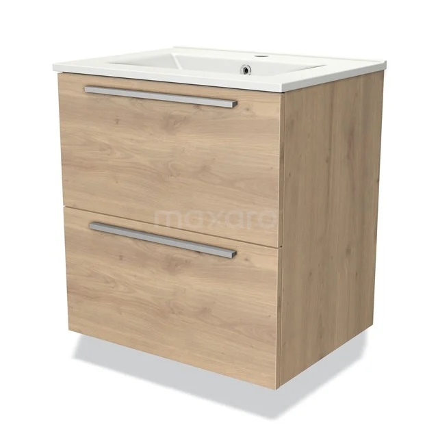 Wooden bathroom unit with two drawers, light oak finish, white ceramic basin, modern design for stylish bathrooms.