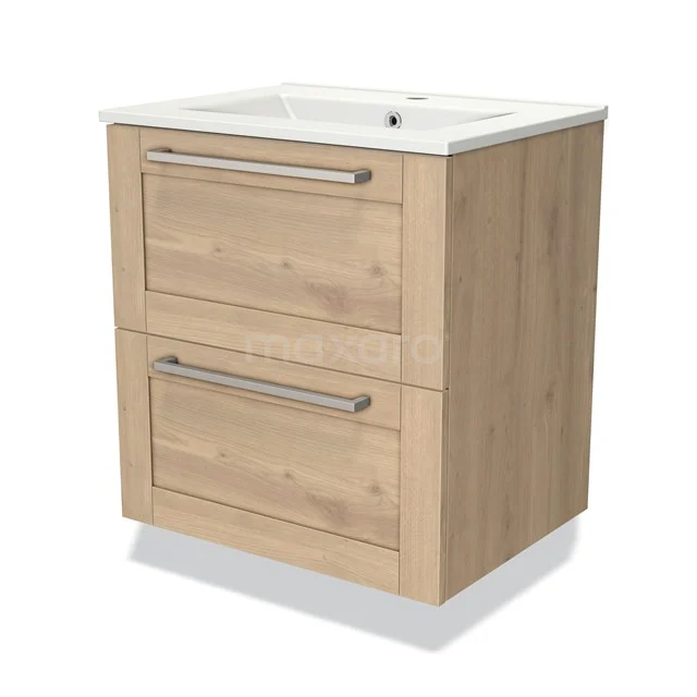 Houten badkamermeubel met twee lades en keramische wastafel, compact ontwerp ideaal voor moderne badkamers.
