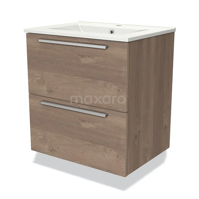 Houten badkamermeubel met twee lades en keramische wastafel, modern design in eikenlook.