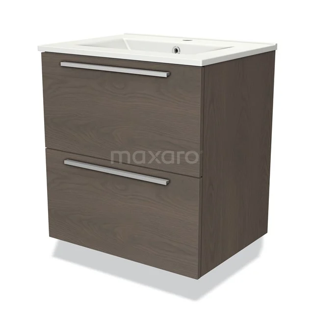 Bruine houten badkamerkast met witte wastafel, modern design, twee lades en metalen handgrepen voor optimale opbergruimte.