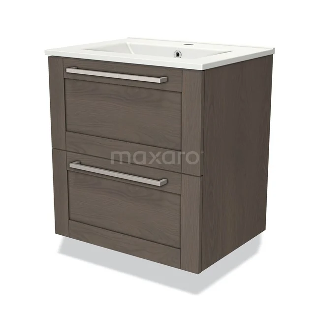 Bruine houten badkamermeubel met twee lades en een witte keramische wastafel, perfect voor moderne badkameropslag.